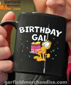 garfield birthday elebrating big chest black coffee mug