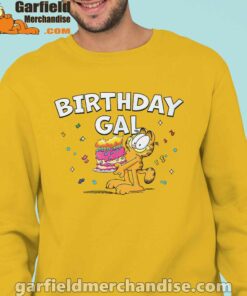 garfield birthday elebrating big chest man with yellow sweatshirs