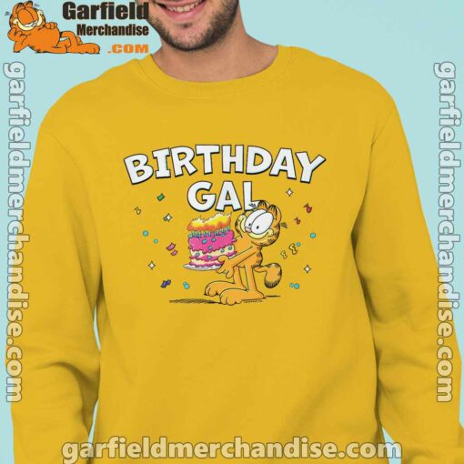 garfield birthday elebrating big chest man with yellow sweatshirs