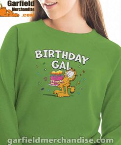 garfield birthday elebrating big chest women with green sweatshirt