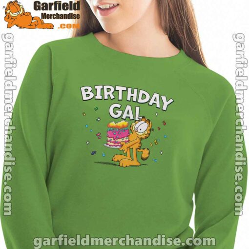 garfield birthday elebrating big chest women with green sweatshirt