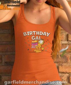 garfield birthday elebrating big chest women's orange tank top