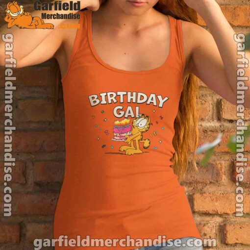 garfield birthday elebrating big chest women's orange tank top