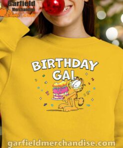 garfield birthday elebrating big chest yellow youth girl sweatshirt