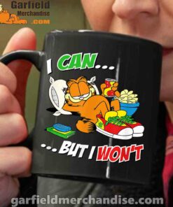 garfield can but wont black coffee mug