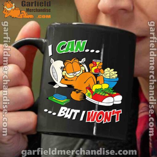 garfield can but wont black coffee mug