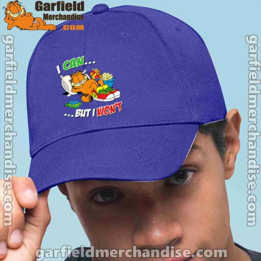 garfield can but wont blue hat