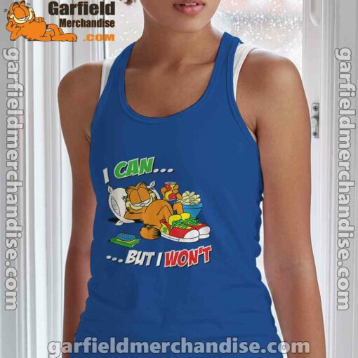 garfield can but wont blue tank top with women