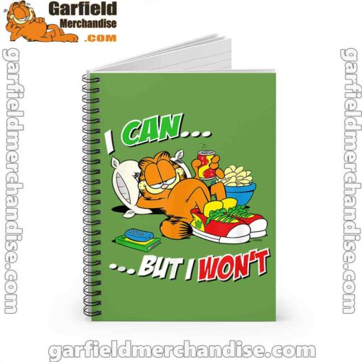 garfield can but wont green notebook