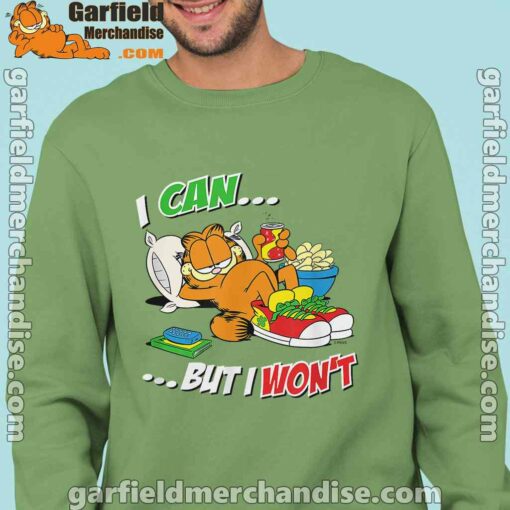 garfield can but wont men green sweatshirts