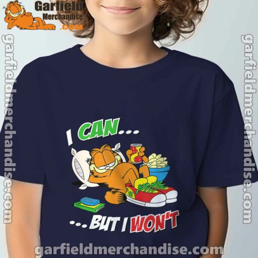 garfield can but wont navy boy's t shirt