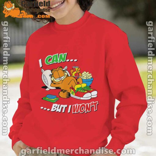 garfield can but wont red boy sweatshirt