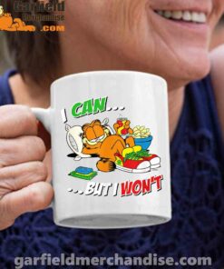 garfield can but wont white coffee mug