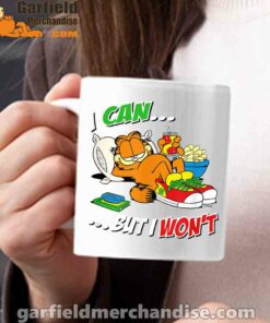 garfield can but wont white mug