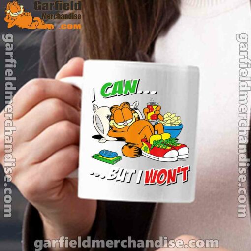 garfield can but wont white mug