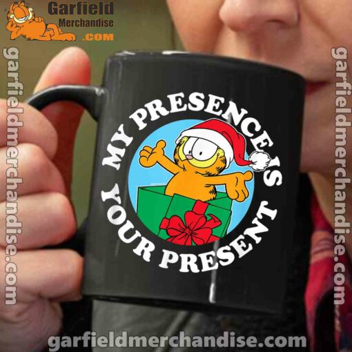 garfield christmas my presence is your present black coffee mug