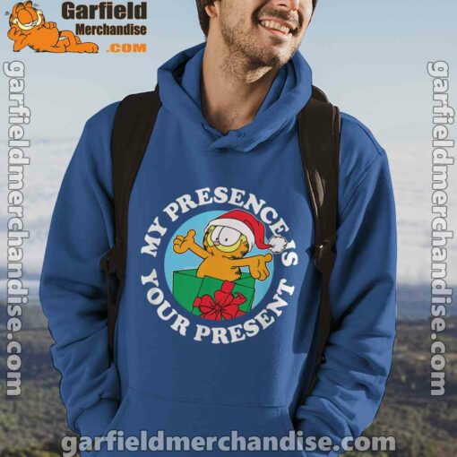 garfield christmas my presence is your present blue men hoodie male