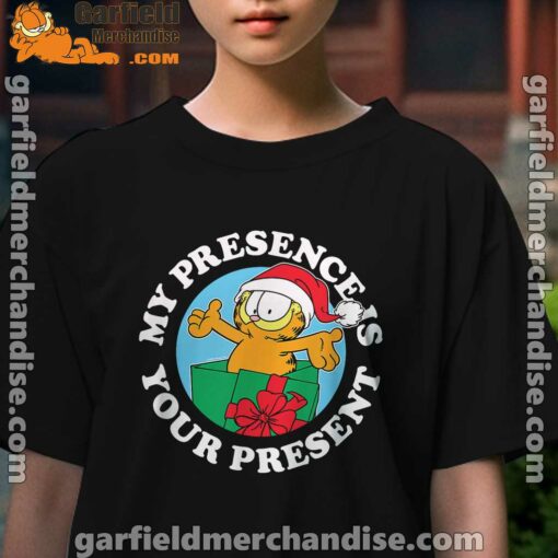 garfield christmas my presence is your present kids girl black t shirt