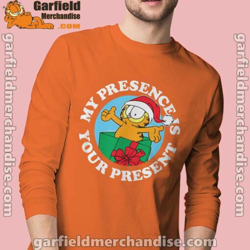 garfield christmas my presence is your present orange long sleeve for men