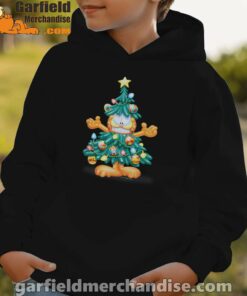 garfield christmas tree black hoodie for kid boy