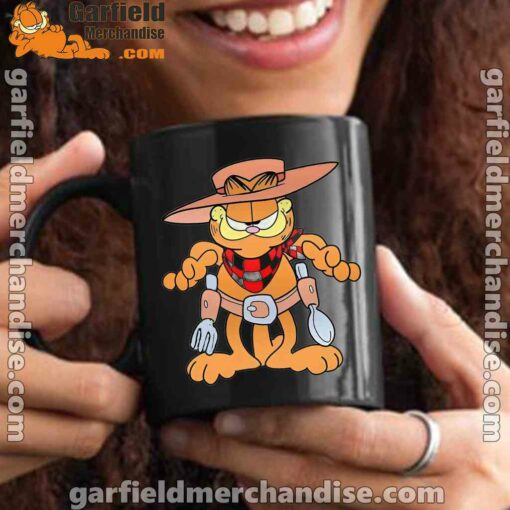 garfield cowboy with spoon and fork black mug