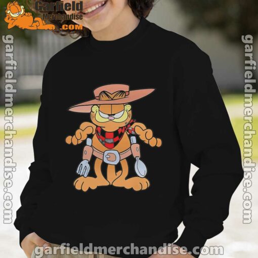 garfield cowboy with spoon and fork boy with black sweatshirt