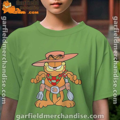 garfield cowboy with spoon and fork female green tee for girl