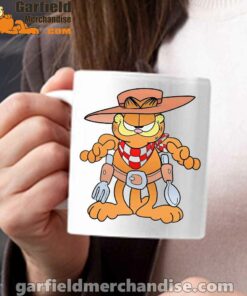 garfield cowboy with spoon and fork white mug