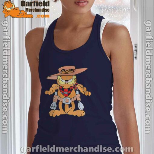 garfield cowboy with spoon and fork women's navy tank top