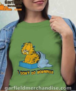 garfield dont do mornings green t shirt for women