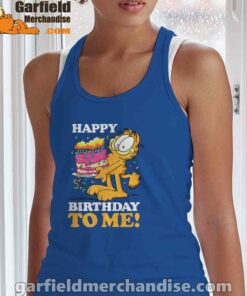 garfield happy birthday to me with cake blue tank top with women