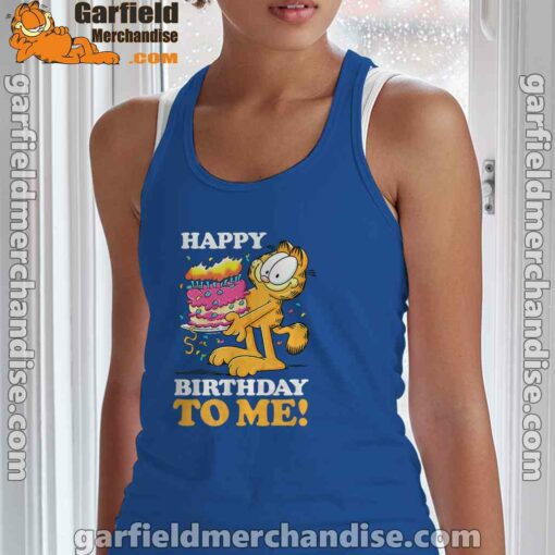 garfield happy birthday to me with cake blue tank top with women