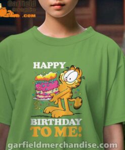 garfield happy birthday to me with cake female green tee for girl