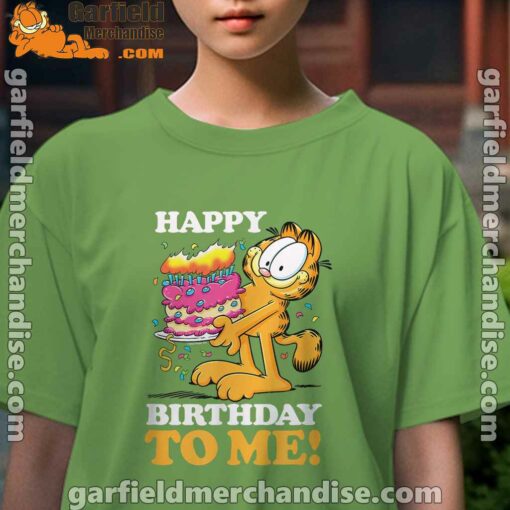 garfield happy birthday to me with cake female green tee for girl