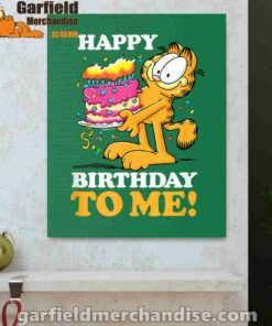 garfield happy birthday to me with cake green canvas