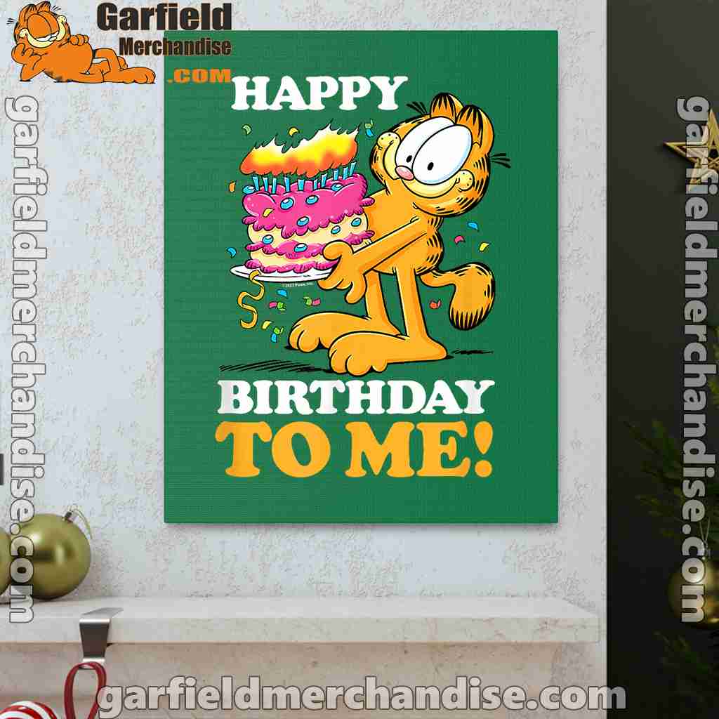 garfield happy birthday to me with cake green 
canvas