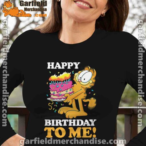 garfield happy birthday to me with cake long sleeve black for women