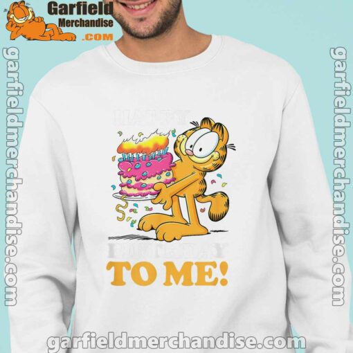 garfield happy birthday to me with cake men with white sweatshirt