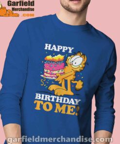 garfield happy birthday to me with cake men's blue long sleeve