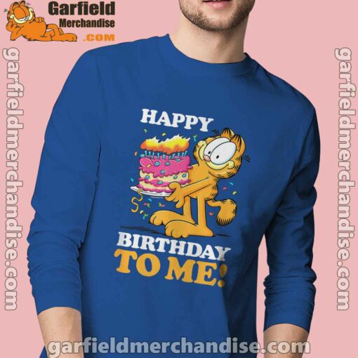 garfield happy birthday to me with cake men's blue long sleeve