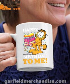 garfield happy birthday to me with cake white coffee mug