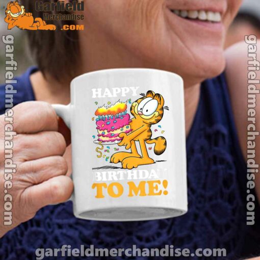 garfield happy birthday to me with cake white coffee mug