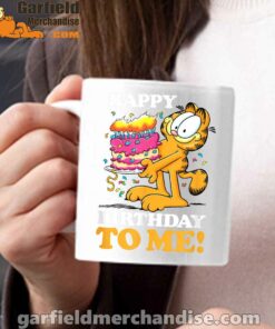 garfield happy birthday to me with cake white mug