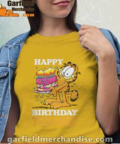 garfield happy birthday to me with cake women yellow shirt