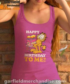 garfield happy birthday to me with cake women's pink tank top