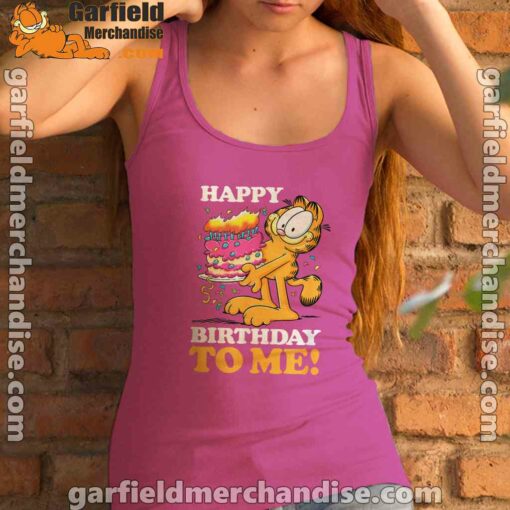 garfield happy birthday to me with cake women's pink tank top