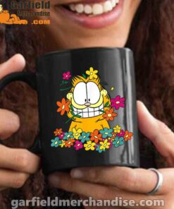 garfield in the garden black mug