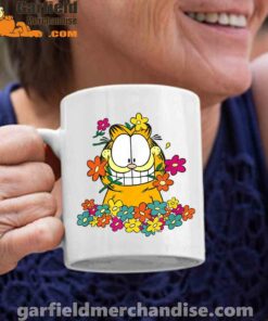 garfield in the garden white coffee mug