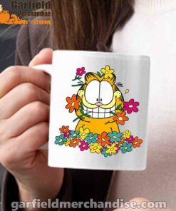 garfield in the garden white mug