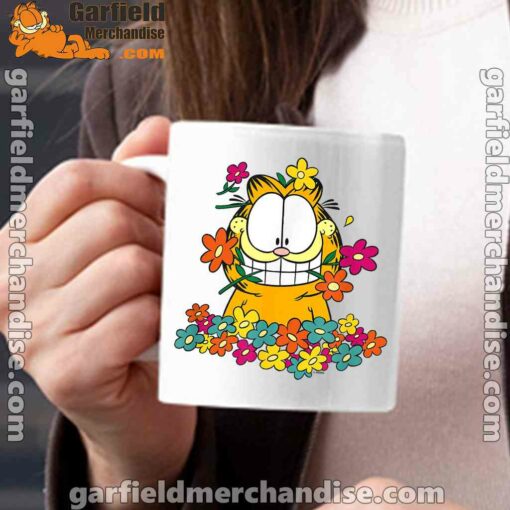 garfield in the garden white mug